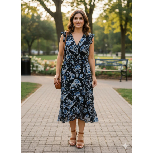 Women's KARL LAGERFELD PARIS Blue Floral Wrap Dress Size 10 - Picture 1 of 7